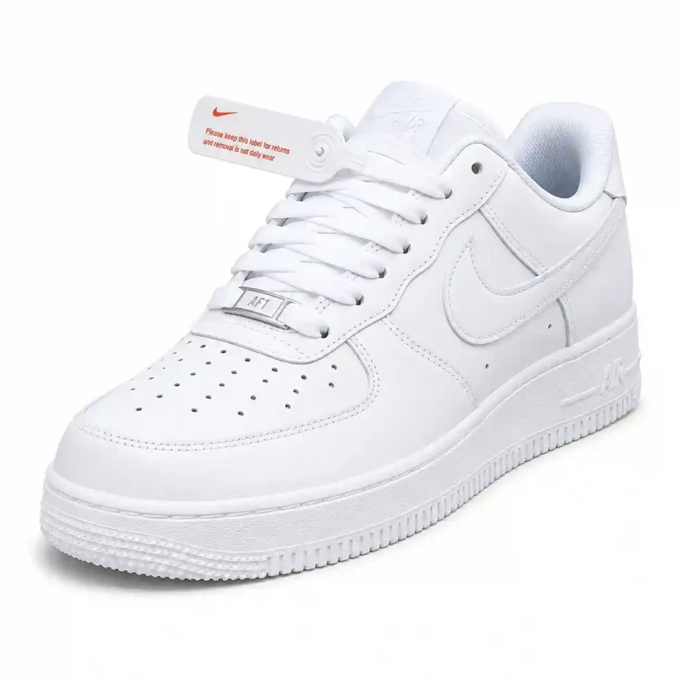 White Nike Air Force 1 sneakers with Swoosh logo and textured rubber sole
