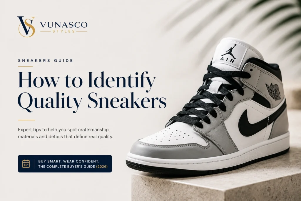 Vunasco Styles guide showing a white and grey high-top sneaker with tips for identifying quality sneakers.