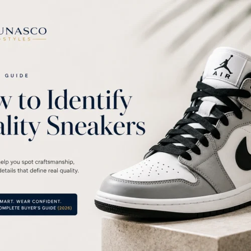Vunasco Styles guide showing a white and grey high-top sneaker with tips for identifying quality sneakers.