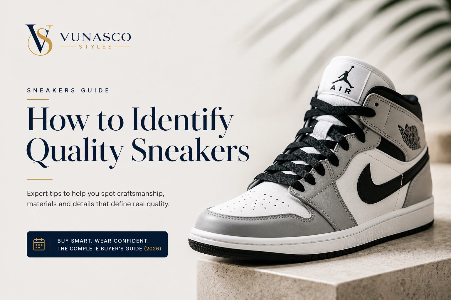 Vunasco Styles guide showing a white and grey high-top sneaker with tips for identifying quality sneakers.