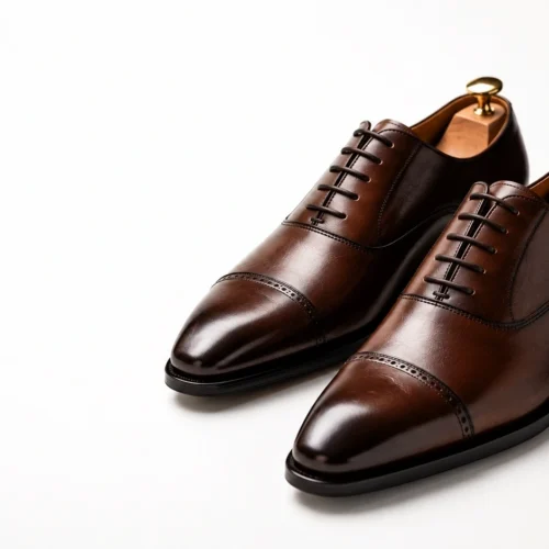 Premium brown leather men's dress shoes displayed in a luxury studio setting.