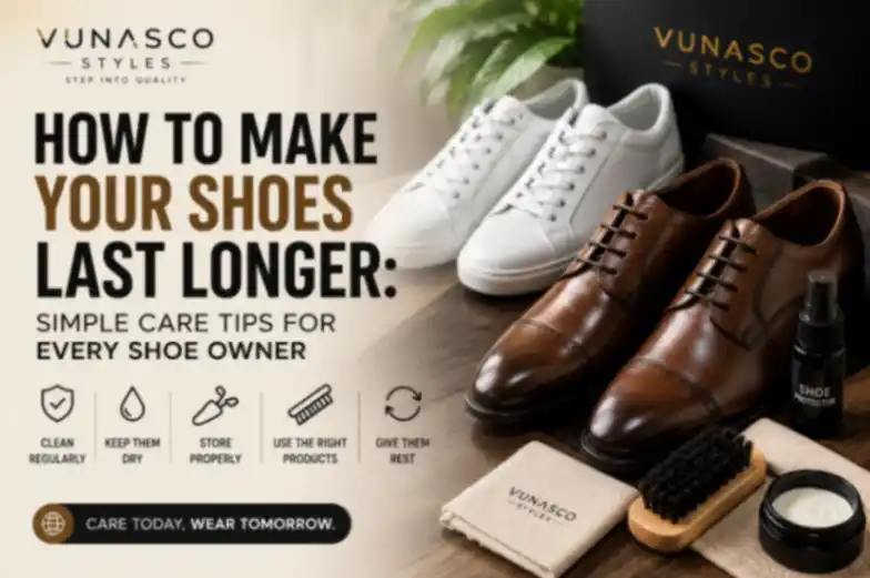 A premium Vunasco Styles footwear care scene featuring polished brown leather shoes, clean white sneakers, and essential shoe-care tools. The image illustrates simple ways to keep shoes clean, dry, properly stored, and in good condition for longer.